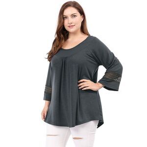 Women's Plus Size Crochet Panel Kimono Raglan Sleeves Tops Dark Grey